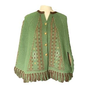 1960s Knit Sweater Poncho in Green and Brown.